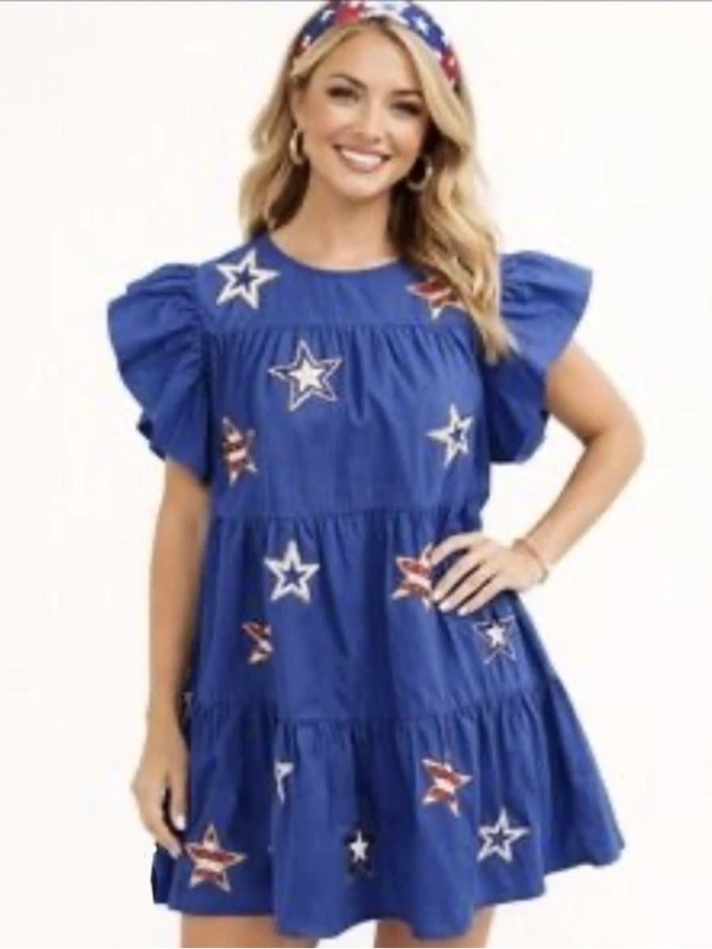 Peach Love California Women Size Small Blue Red Ruffle Sleeves Star Sequin Dress